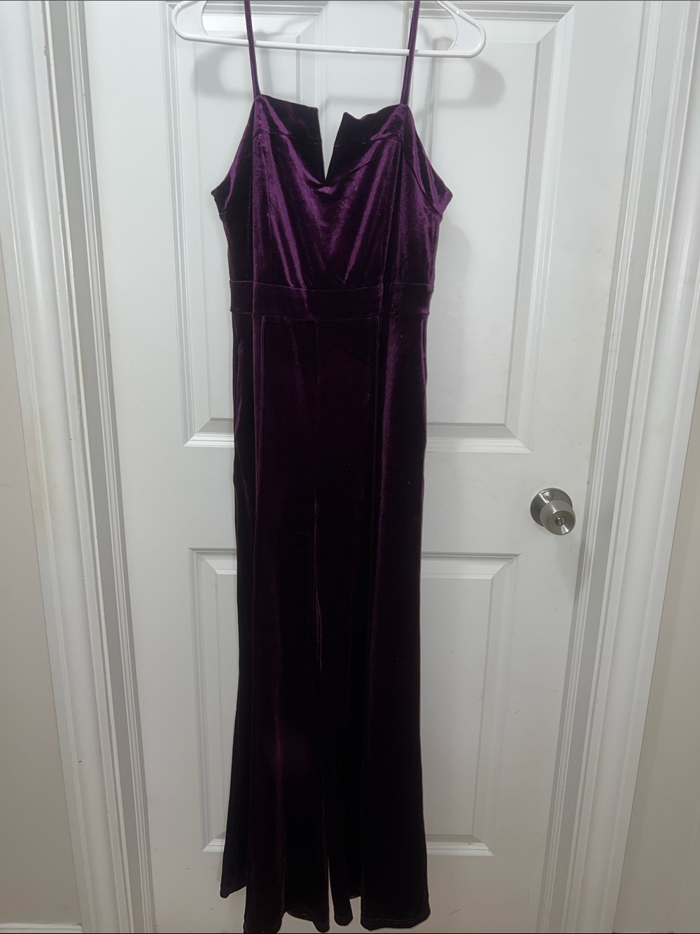 Spaghetti Strap Velvet jumpsuit in Deep Plum wide leg